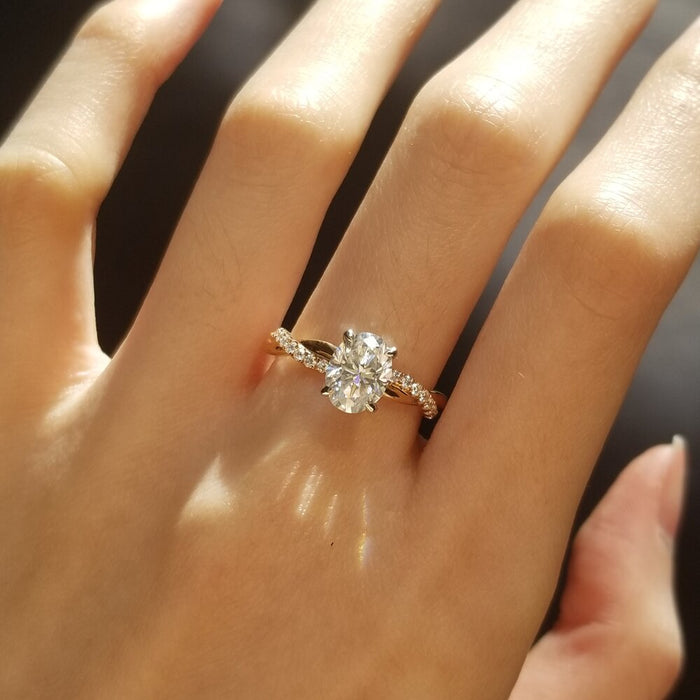 Oval Cut Moissanite Twisted Band Pave Engagement Ring - on hand view 1