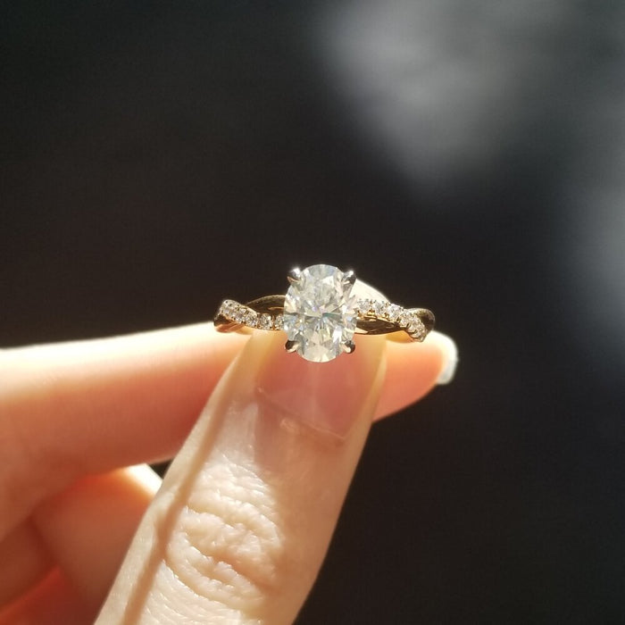 Oval Cut Moissanite Twisted Band Pave Engagement Ring - front view 2