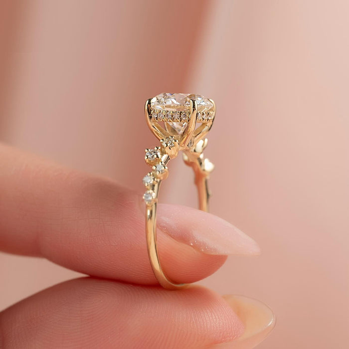 Round moissanite ring side profile showing hidden halo and scattered accents