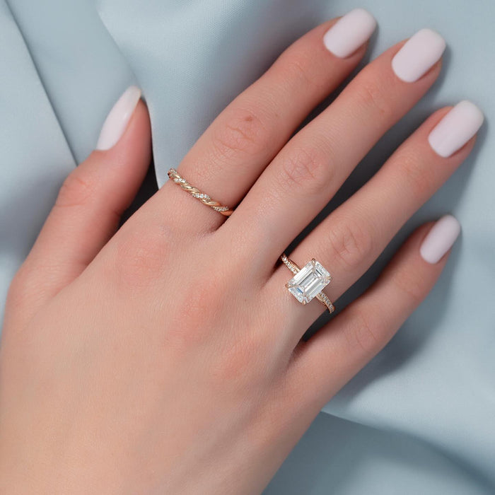 Emerald Cut Moissanite Pavé Solitaire Engagement Ring in 14K Rose Gold — Mapple Gems