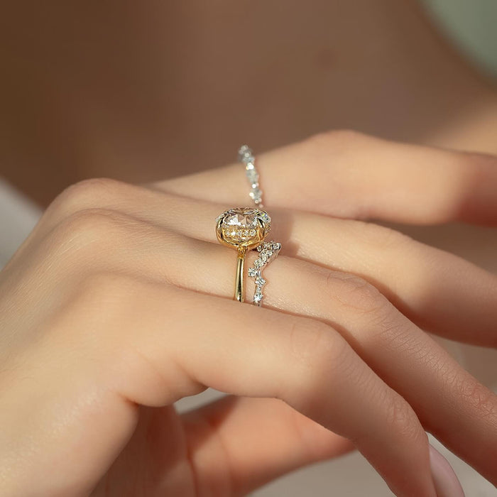 Side view of round moissanite scattered cluster ring showing hidden halo