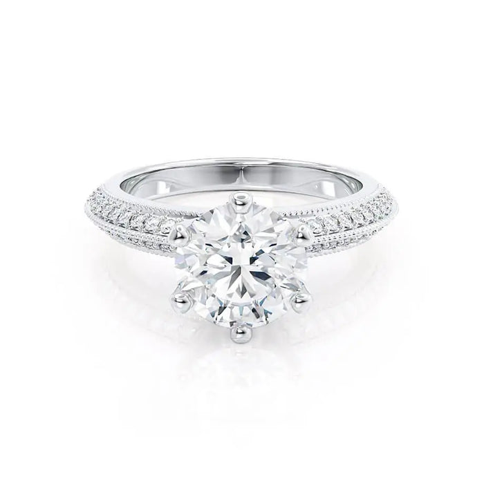 Round cut moissanite pave 6-prong solitaire engagement ring in gold