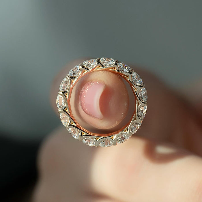Round Moissanite Shared Prong Eternity Wedding Band in 14K Gold full eternity view