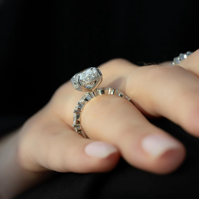 Oval Moissanite East West Hidden Halo Pave Ring in 14K Gold hidden halo detail