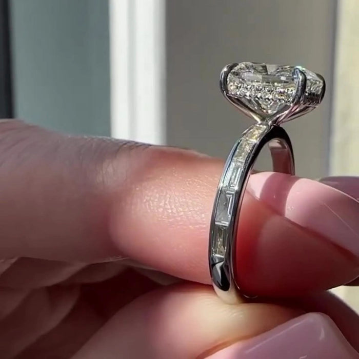 Cushion Cut Moissanite Hidden Halo Baguette Ring in White Gold — Mapple Gems