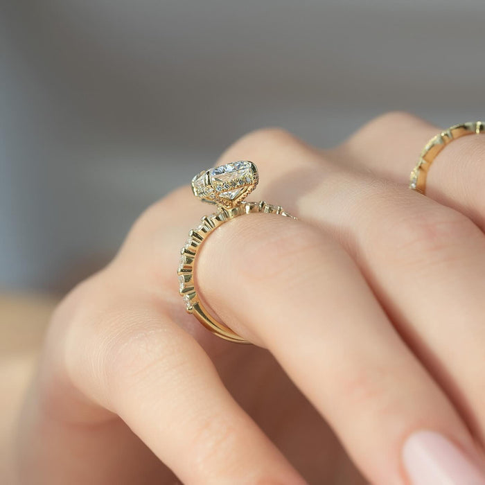Elongated Cushion Moissanite Hidden Halo Accent Band Ring in 14K Gold