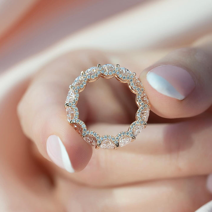 Oval Moissanite U Prong Hidden Halo Eternity Band in 14K Gold