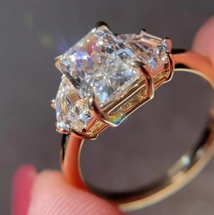 Radiant Cut Moissanite Trillion Three Stone Ring in 14K Gold — Mapple Gems