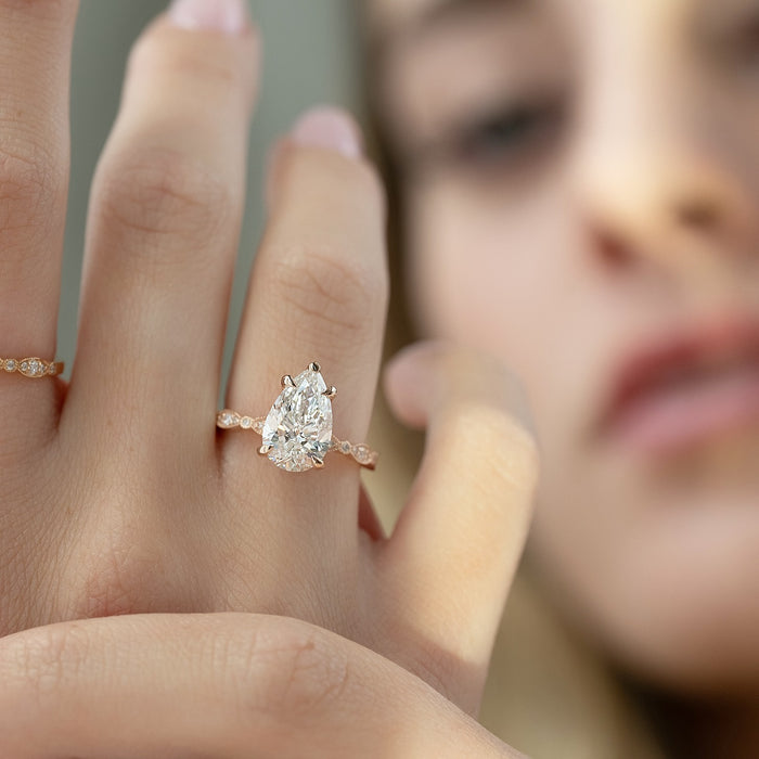 Pear Moissanite Marquise Milgrain Accent Band Ring in 14K Gold