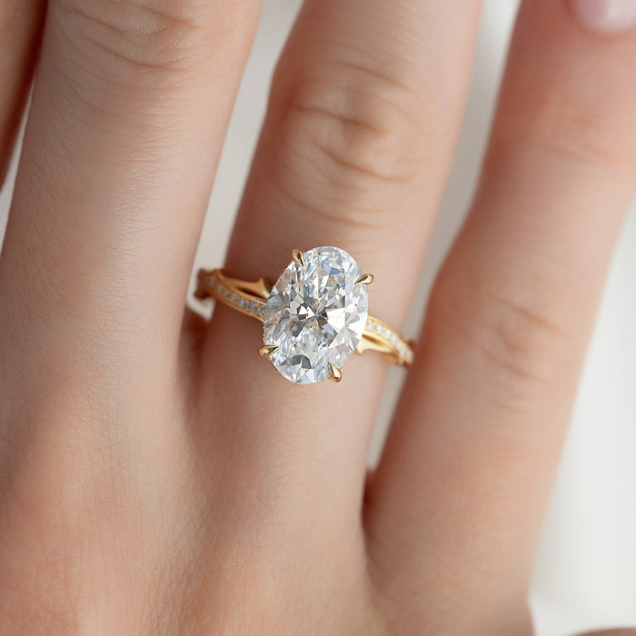 Oval Moissanite Hidden Halo Pave Twig Band Ring in 14K Gold