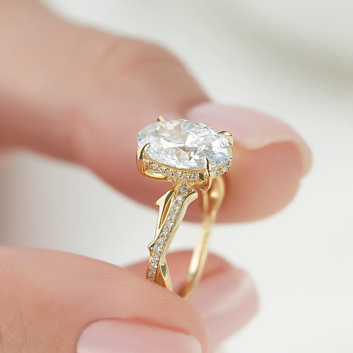Oval Moissanite Hidden Halo Pave Branch Band Ring in 14K Gold