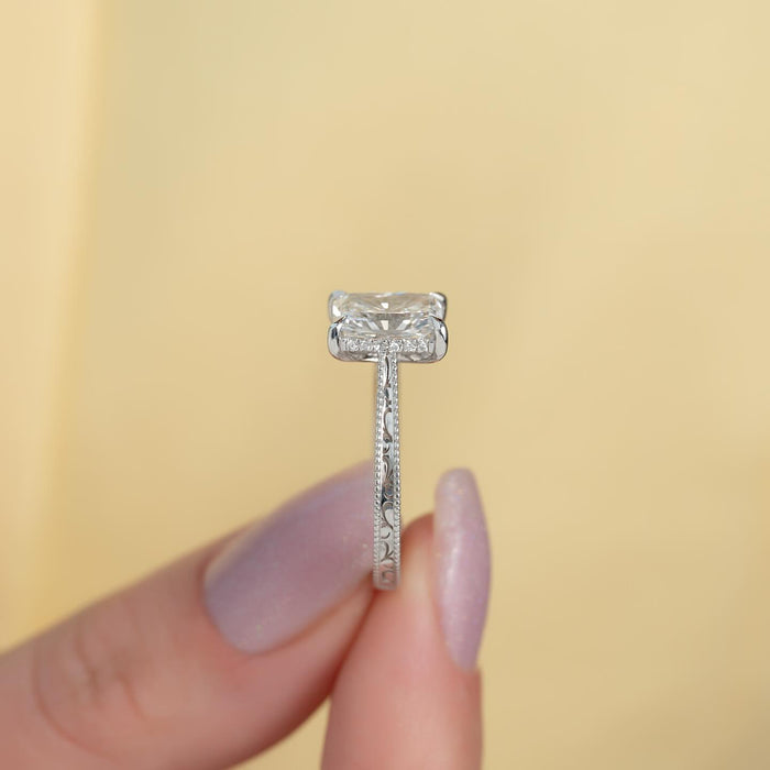 Radiant Cut Moissanite Vintage Filigree Hidden Halo Ring — side profile — Mapple Gems