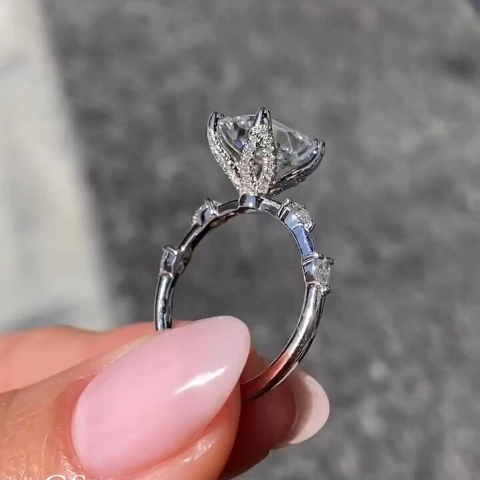 Emerald Cut Moissanite Pave Band Engagement Ring in White Gold — Mapple Gems