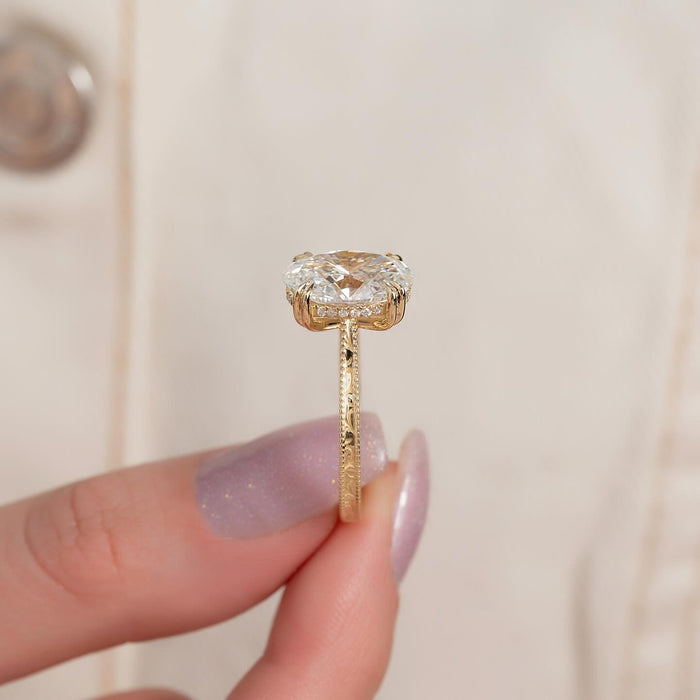 Oval Cut Moissanite Hand-Engraved Hidden Halo Ring — side profile — Mapple Gems