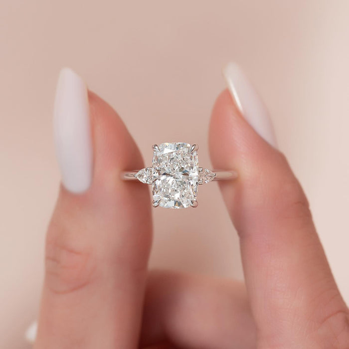 Elongated Cushion Moissanite Three Stone Pear Side Ring in 14K Gold — Mapple Gems