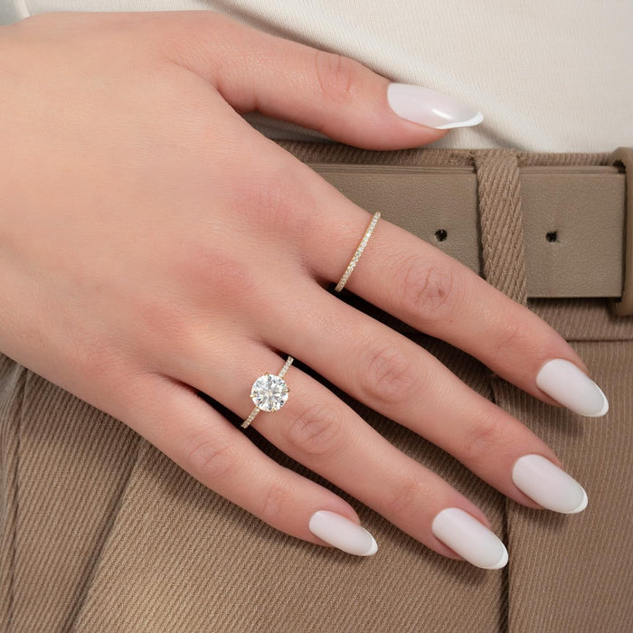 Round Cut Moissanite Pavé Hidden Halo Engagement Ring — on hand — Mapple Gems