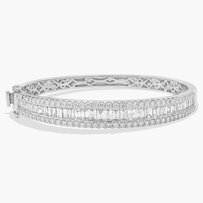 Baguette and pave moissanite bangle bracelet in white gold
