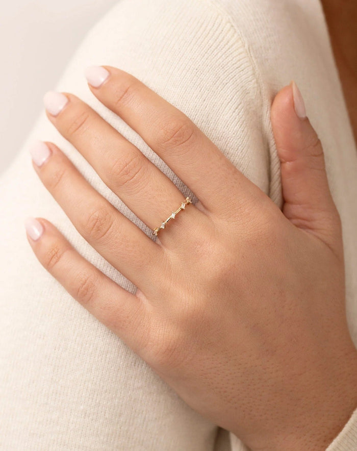 Baguette Cut Moissanite Distance Diamond Wedding Band in Yellow Gold Mapple Gems