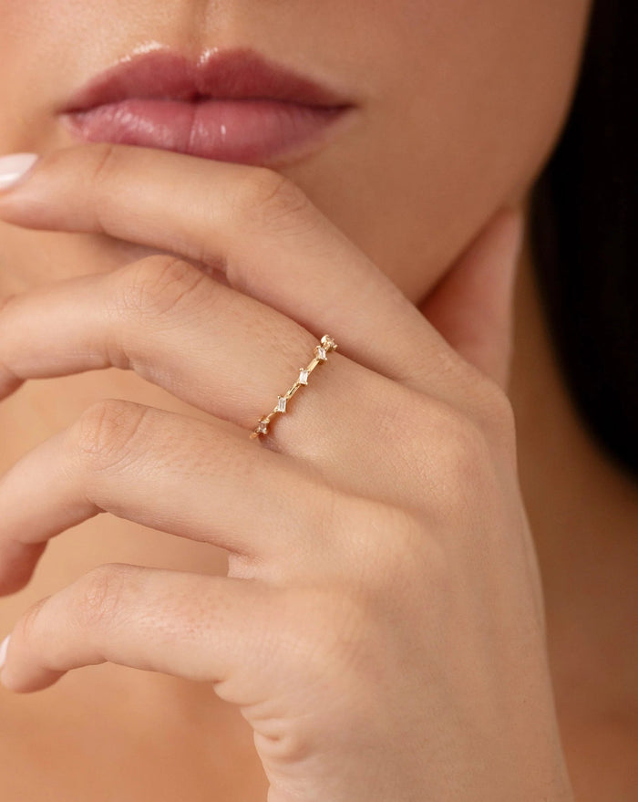 Baguette Cut Moissanite Distance Diamond Wedding Band in Yellow Gold Mapple Gems