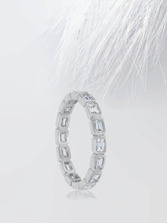 Bezel Set Emerald Cut Moissanite Eternity Diamond Wedding Band Mapple Gems