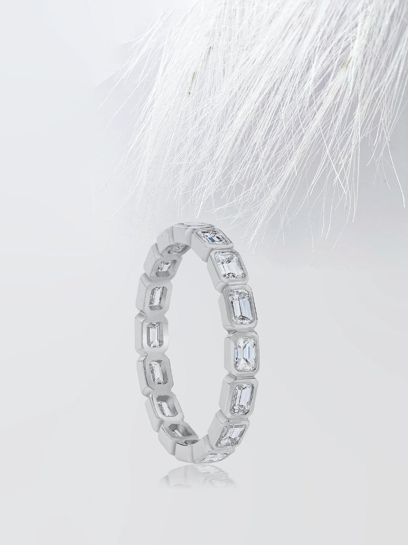 Bezel Set Emerald Cut Moissanite Eternity Diamond Wedding Band Mapple Gems