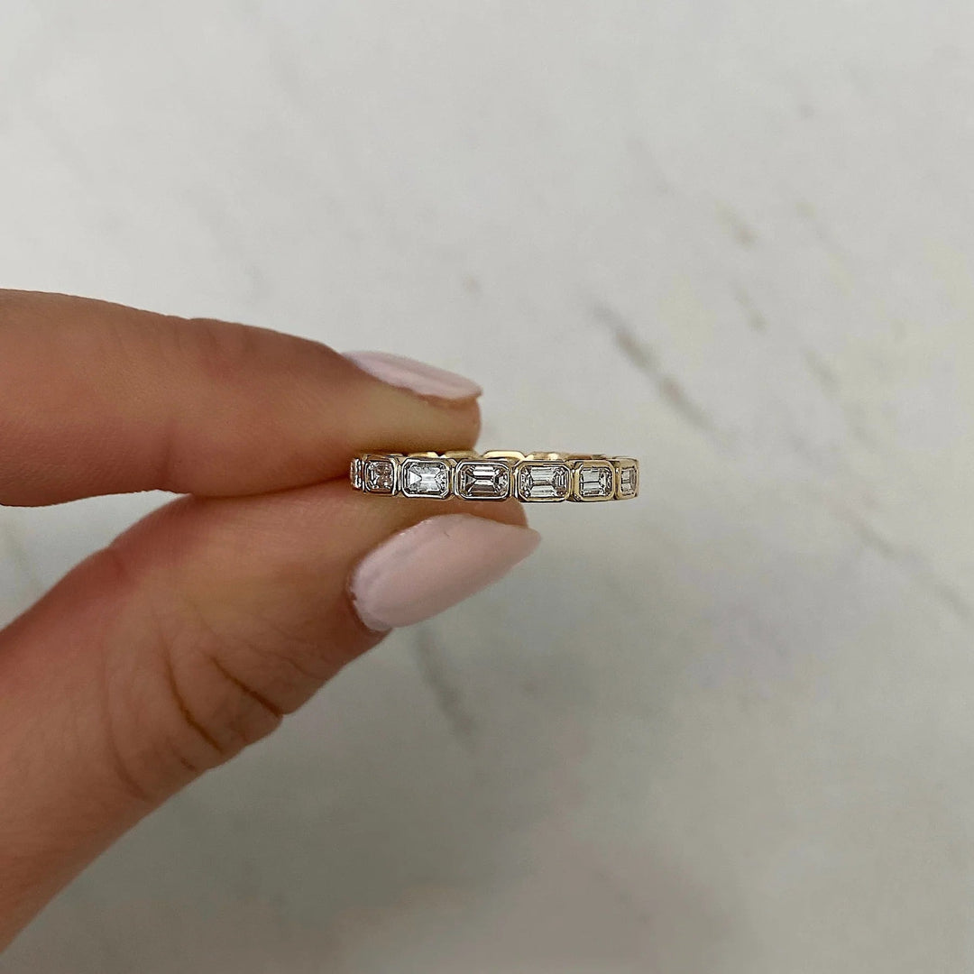 Bezel Set Emerald Cut Moissanite Eternity Diamond Wedding Band Mapple Gems