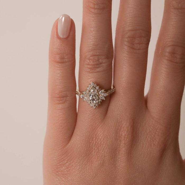 Marquise moissanite cluster halo ring, side view
