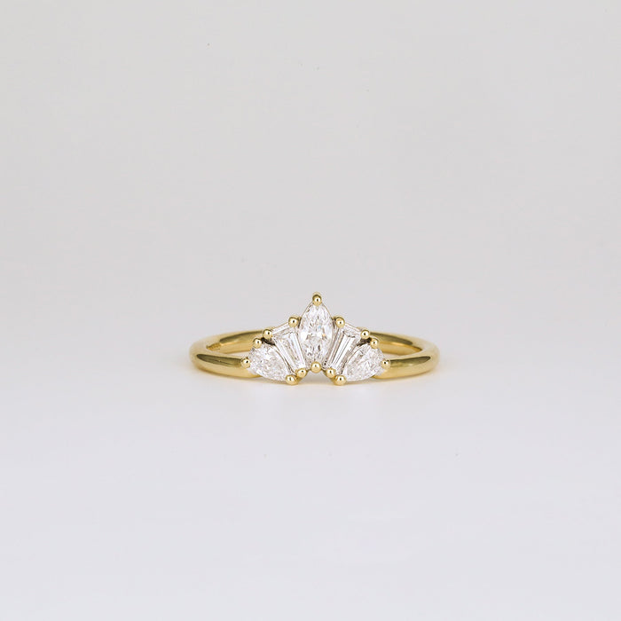 Five stone crown moissanite wedding band in yellow gold, front view