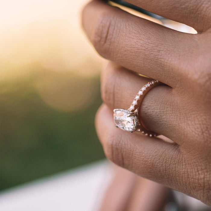 Oval Cut Moissanite Hidden Halo Engagement Ring with Four Claws and Slim Pave Band - view 2