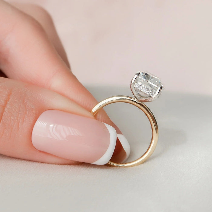 Handmade elongated cushion moissanite wedding ring, angled view