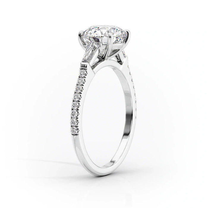 Classic double 4 claw prong cushion moissanite solitaire ring, angled view