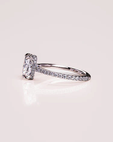 4 claw prong cushion moissanite solitaire promise ring, angled view