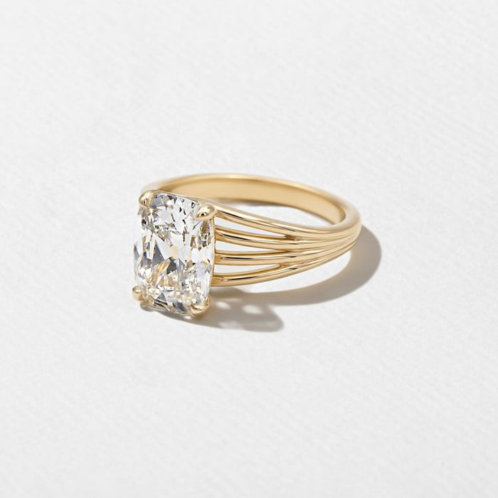 Angled view of the elongated cushion cut lab grown diamond ring