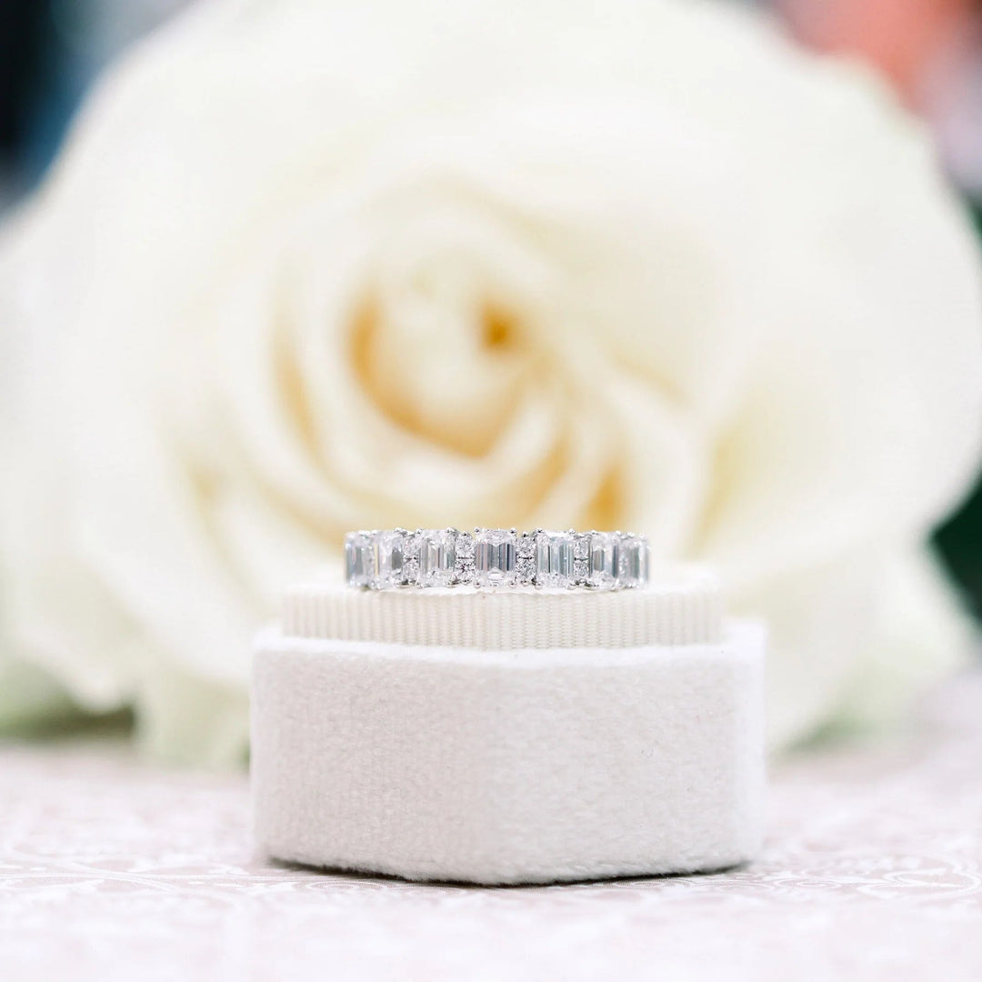 2.25TCW EMERALD CUT & ROUND MOISSANITE ETERNITY WEDDING BAND Mapple Gems