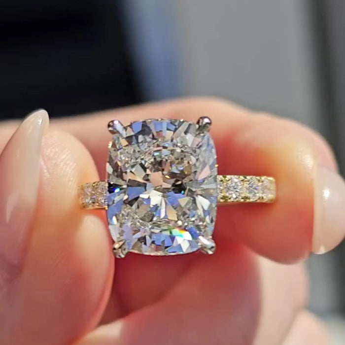 Elongated cushion cut moissanite pave engagement ring in solid gold