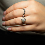 Load image into Gallery viewer, Emerald Cut Three Stone Moissanite Engagement Ring | 14K Gold Half Bezel Set Promise Ring for Women