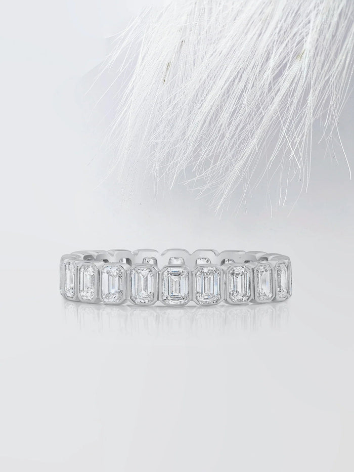 Emerald Cut Moissanite Bezel Set Eternity Diamond Wedding Band Mapple Gems