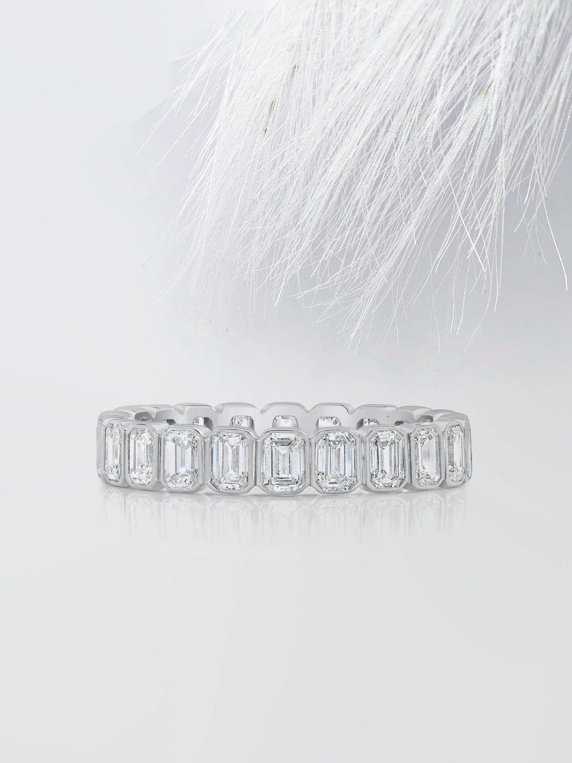Emerald Cut Moissanite Bezel Set Eternity Diamond Wedding Band Mapple Gems