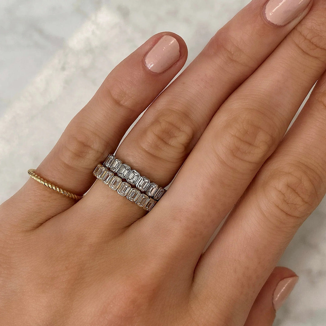 Emerald Cut Moissanite Bezel Set Eternity Diamond Wedding Band Mapple Gems
