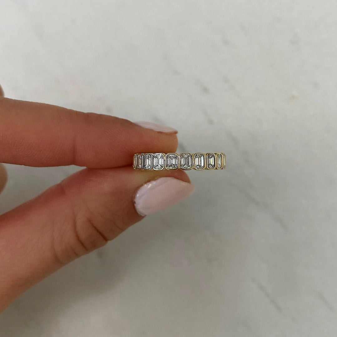 Emerald Cut Moissanite Bezel Set Eternity Diamond Wedding Band Mapple Gems