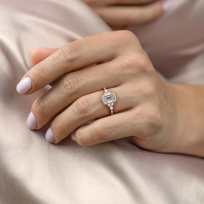 Emerald Cut Moissanite Cluster Engagement Ring 2 CT to 5 CT - front view 1