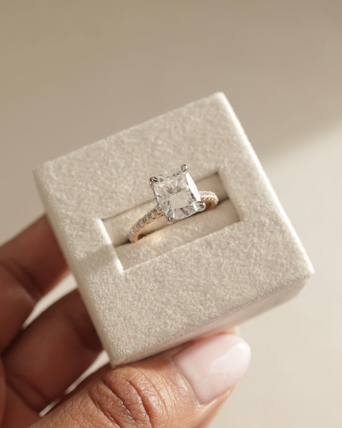 Elongated Cushion Cut Moissanite Four Claw Engagement Ring with Pave Set Band - view 2