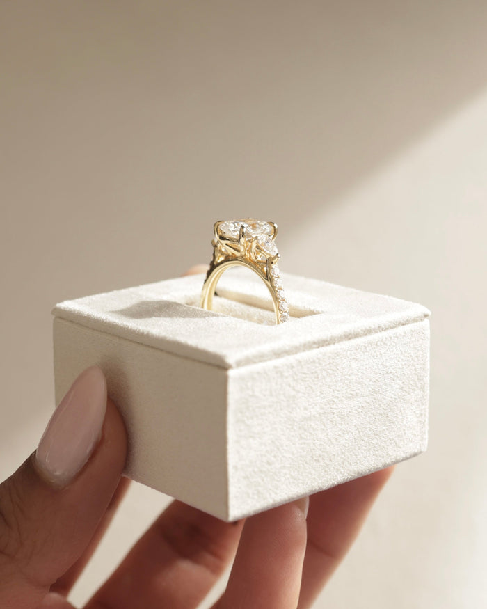 Cushion Cut Moissanite Three Stone Engagement Ring with Pear Side Stones and Pave Band 2 CT to 5 CT - view 2