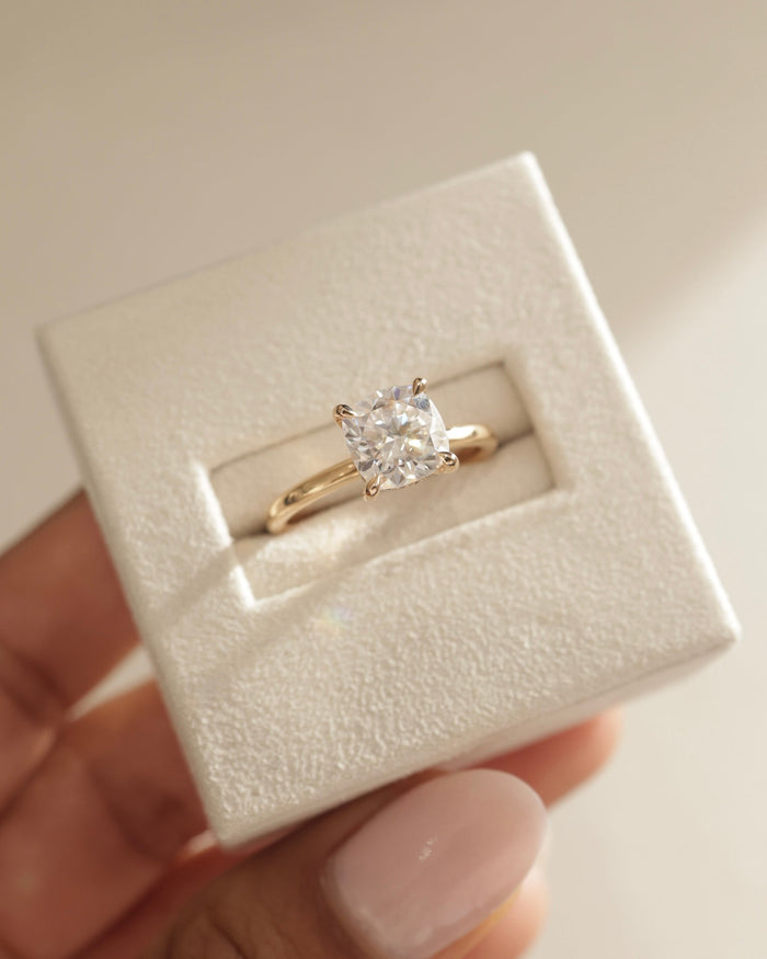 Cushion Cut Moissanite Four Claw Solitaire Engagement Ring with Slim Polished Band - view 2