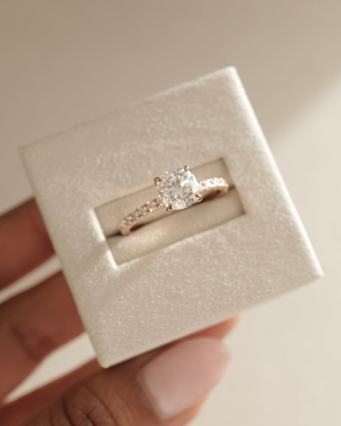 Cushion Cut Moissanite Pave Band Engagement Ring with Four Claw Setting - view 2