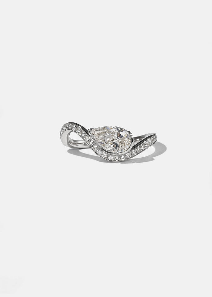 East west pear cut lab grown diamond half bezel wave engagement ring with pave in white gold