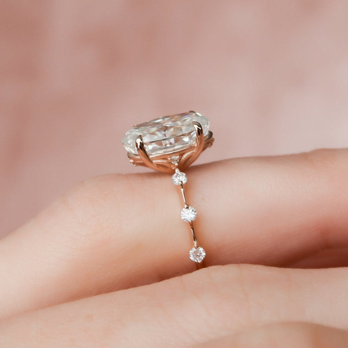 Handmade oval moissanite wedding ring for women, angled view