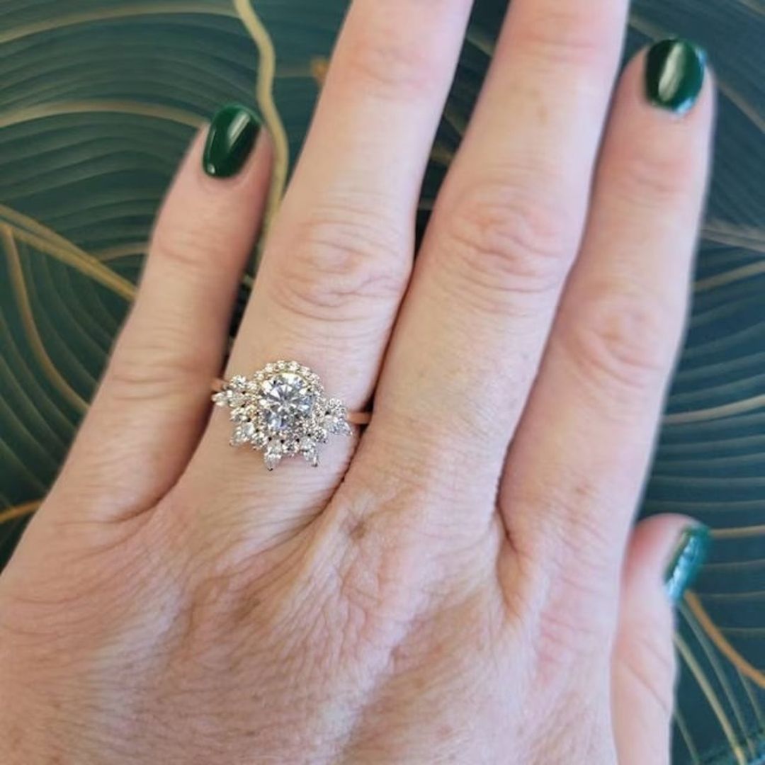 Cluster Marquise & Double Halo Round Moissanite Engagement Ring Bridal Gift Mapple Gems