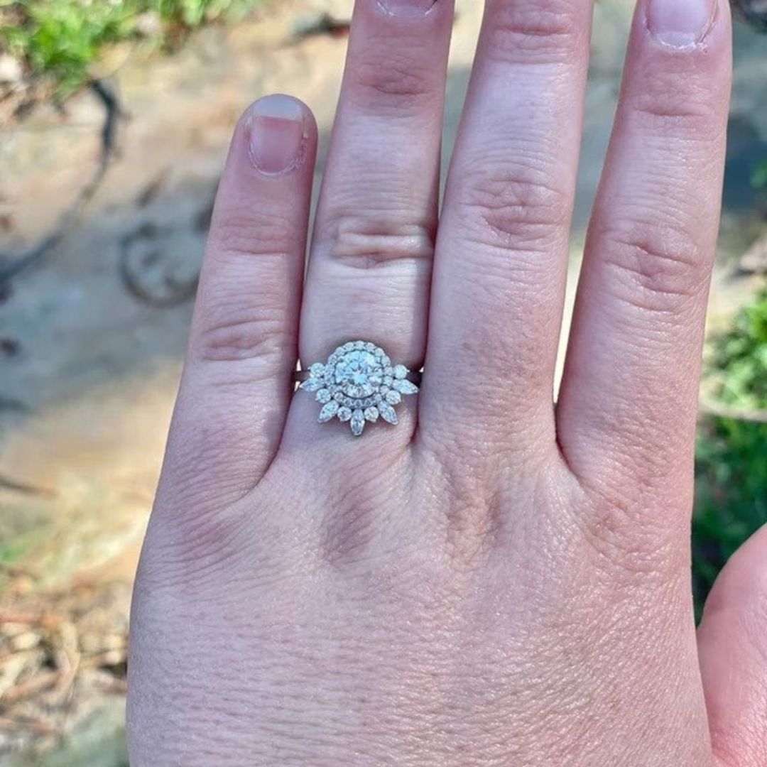 Cluster Marquise & Double Halo Round Moissanite Engagement Ring Bridal Gift Mapple Gems