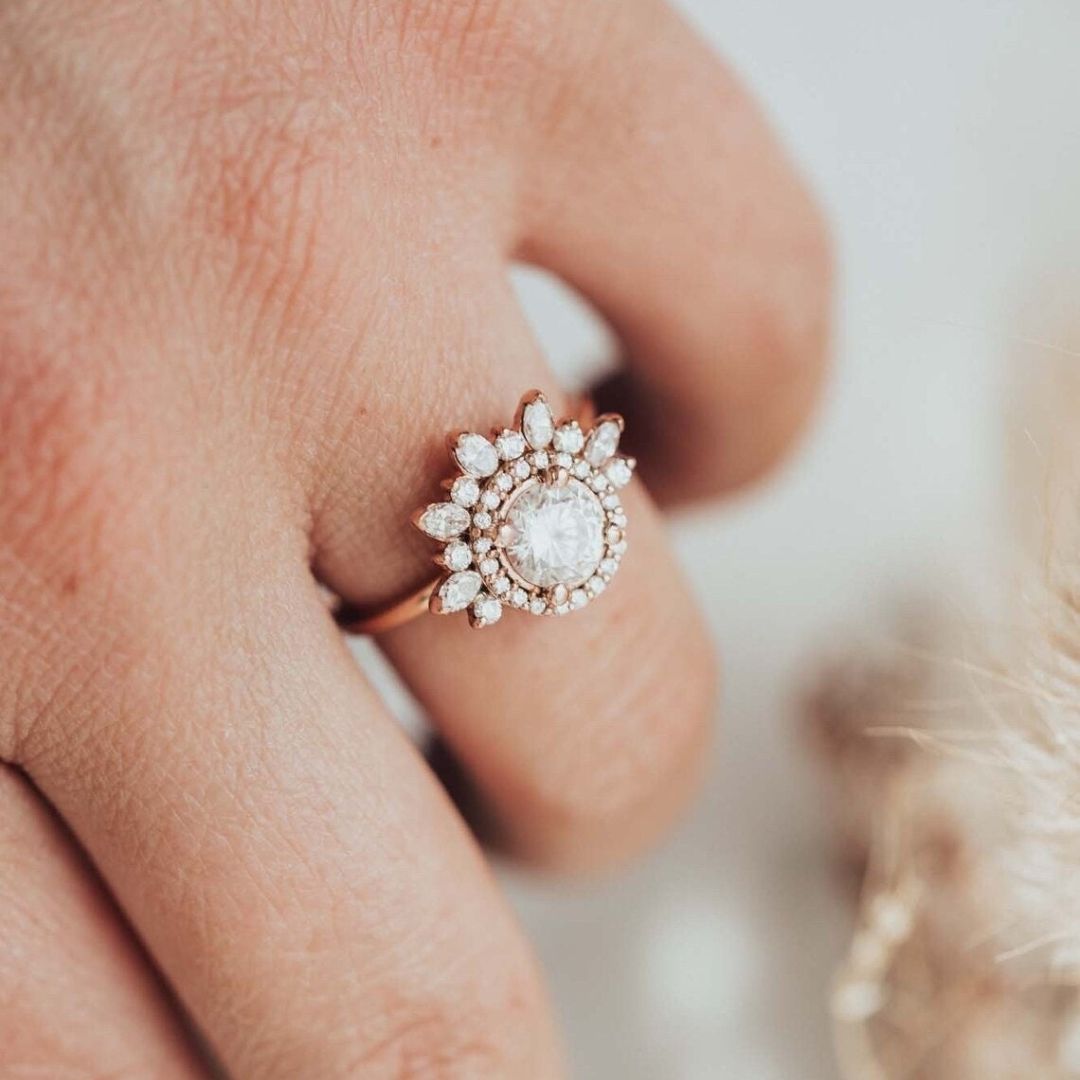 Cluster Marquise & Double Halo Round Moissanite Engagement Ring Bridal Gift Mapple Gems